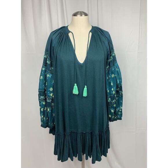 Free People Mix It Up Tunic Dress Balloon Sleeve Teal Blue Green Size S BNWT - Picture 1 of 16